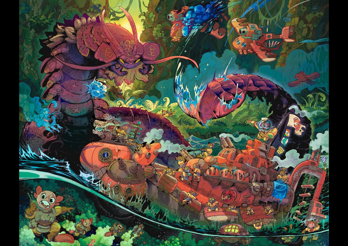 Liamdrawgmailc1's tweet photo. Here's a piece i made with @thespacesam, on a huge paper sheet 1meter by 100 cm. -> swipe for process
We spend two day inking it with all the details looking at the work on Kim Jung Gi for inspiration. Then we scanned it and we put some colors.
its the carboniferous period. https://t.co/dSy7xFzjbJ