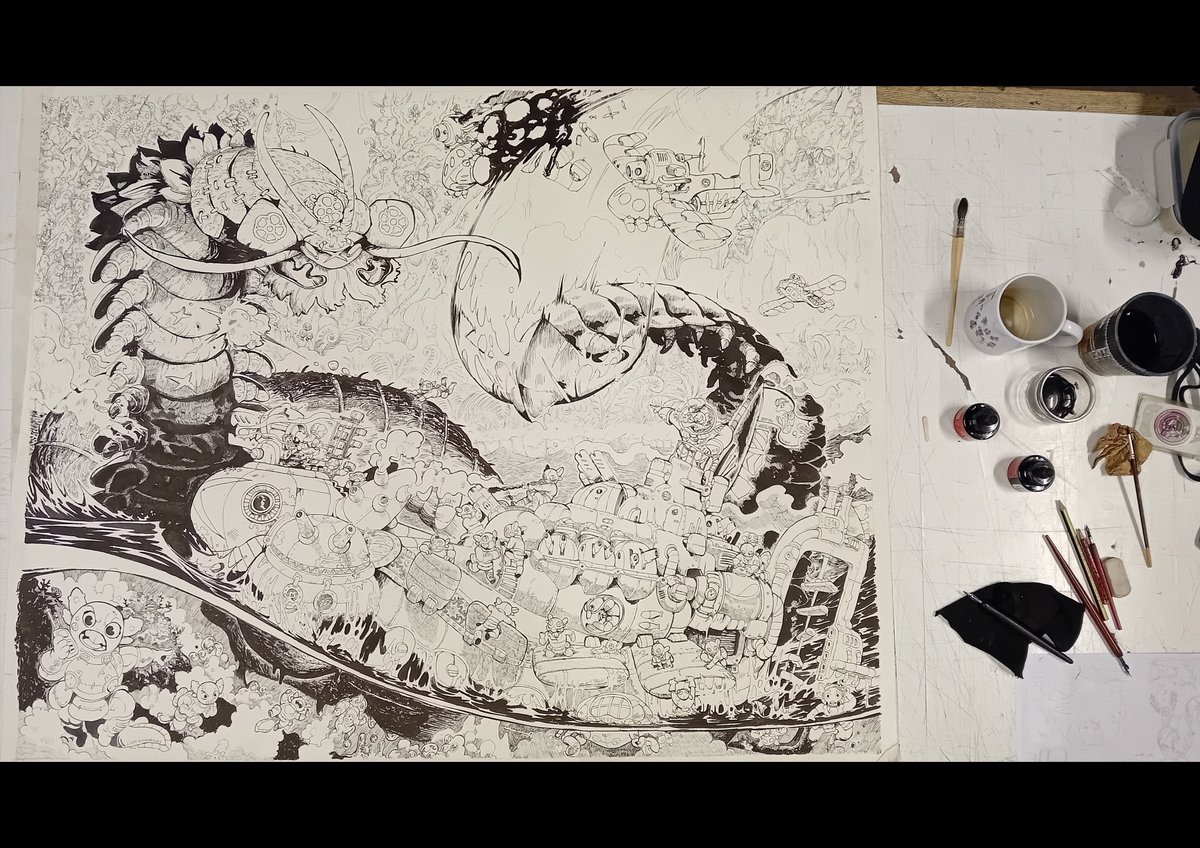 Liamdrawgmailc1's tweet photo. Here's a piece i made with @thespacesam, on a huge paper sheet 1meter by 100 cm. -> swipe for process
We spend two day inking it with all the details looking at the work on Kim Jung Gi for inspiration. Then we scanned it and we put some colors.
its the carboniferous period. https://t.co/dSy7xFzjbJ