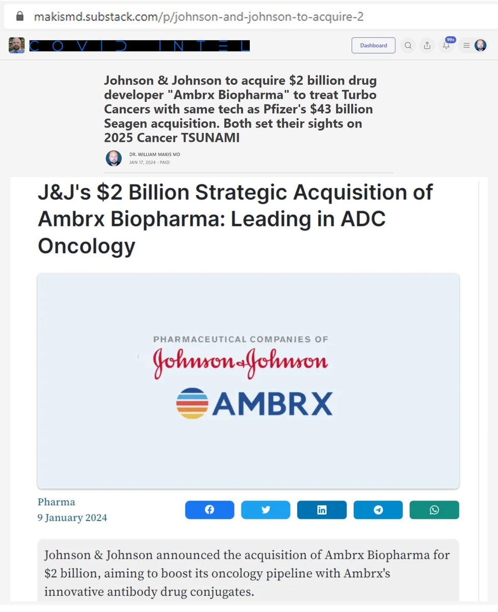 MakisMedicine's tweet photo. NEW ARTICLE: Johnson & Johnson to acquire $2 billion drug developer "Ambrx Biopharma" to treat Turbo Cancers with same tech as Pfizer's $43 billion Seagen acquisition. Both set their sights on 2025 Cancer TSUNAMI

Pfizer & Moderna COVID-19 mRNA Vaccines cause Turbo Cancers, this is now well acknowledged by respected physicians around the world.

Last month, Pfizer closed a $43 billion acquisition of Seagen, to boost its ability to treat 7 of the top 10 Turbo Cancers caused by its COVID-19 mRNA Vaccine. 

Top 5 Turbo Cancers: lymphoma, glioblastoma, breast, colon, lung

Top 10 Turbo Cancers: leukemia, melanoma, sarcomas, testicular/ovarian, kidney

Pfizer expects a "Cancer Tsunami" to hit in 2025 

Moderna is rushing its melanoma mRNA Cancer vaccine to have expedited approval by 2025.

Johnson & Johnson is the latest to want a piece of the Turbo Cancer treatment pie before 2025.

This $2 billion acquisition of Ambrx Biopharma gives them the same cancer treatment tech as Pfizer - ADCs.

ADC: "a class of therapeutics that combines the specificity of monoclonal antibodies with the potency of cytotoxic drugs, aiming to target and destroy cancer cells more effectively"

Johnson & Johnson, for $2 billion, adds new ability to treat Breast Turbo Cancer, Prostate Turbo Cancer and Kidney Turbo Cancer with this acquisition.

They also overpaid by more than 100% of the current Ambrx Biopharma stock price. Acquisition expected to close in mid 2024.

Many pharmaceutical companies are rushing to position themselves to profit from treating a tsunami of cancers that they are all expecting to hit starting in 2025.

Dec.14, 2023 - Pfizer closed a $43 billion acquisition to treat several turbo cancers and expects to “fill a gap” for the period 2025-2030.

Dec.14, 2023 - Moderna targets new mRNA Cancer vaccine to treat melanoma to be available by 2025

Jan.8, 2024 - Johnson & Johnson to acquire $2 billion cancer drug company that uses same tech as Pfizer, to “fill a revenue gap starting in 2025”

Jan.10, 2024 - BioNTech expects to return to revenue growth in 2025, when its COVID vaccine business would bottom out, and it would invest to “scale up its oncology business thereafter”

Many companies that have new blood tests or light tests to quickly detect cancer are all targeting 2025 for their launch. I provide examples.

Dozens of giant Cancer Centers are going up all across the US, Canada, Australia and UK - all of them are opening in 2025. 

They're ready for the 2025 Cancer TSUNAMI.
Are you?

Article Link in photo to avoid shadowban, just re-type the URL in the photo at the top, into your browser

@HighWireTalk @ClaytonMorris @VigilantFox
@TheChiefNerd @LauraLynnTT @BLNewsMedia
@OdessaOrlewicz @twc_health 

#DiedSuddenly #cdnpoli #ableg
