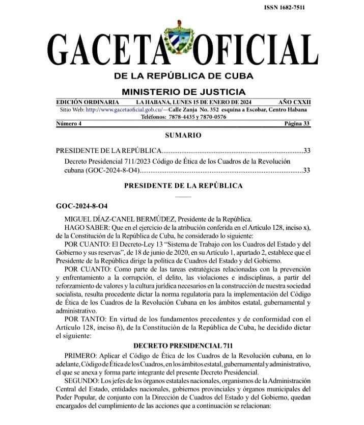 ⚖️Ya está en vigor el Código de Ética de los Cuadros de la Revolución Cubana. Será firmado en acto solemne por todos los cuadros el 24 de febrero. 
"El cuadro es parte del pueblo y se debe a él".
#EstaEsLaRevolución🇨🇺
#MatancerosEnVictoria