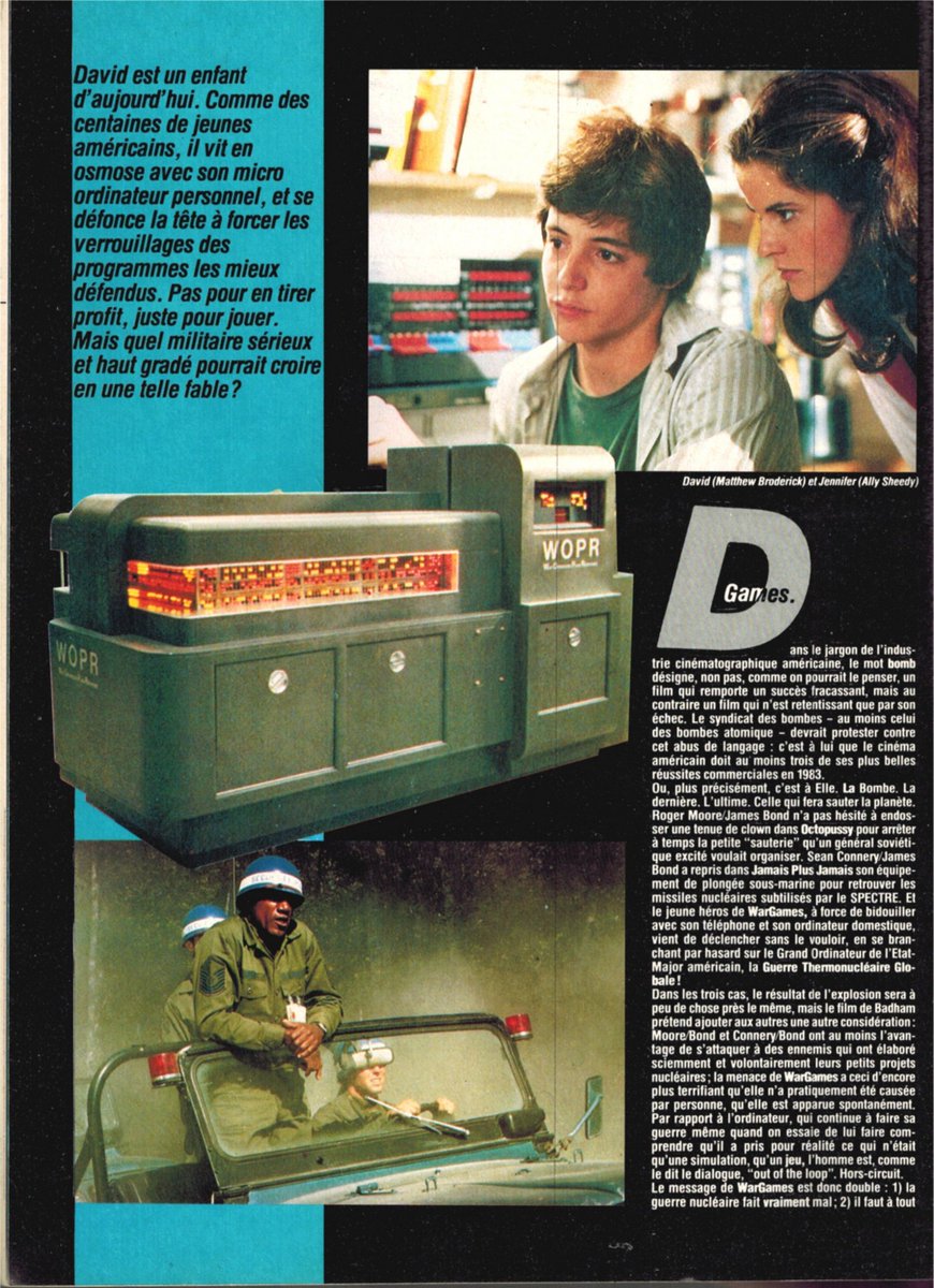 mricharddeckard's tweet photo. Il y a 40 ans, Starfix mettait en couverture Wargames, un petit film de série B sur les dangers de l'intelligence artificielle (même si on ne l'appelait pas comme ça !).
Contrairement à ce que dit la couverture, c'était bien janvier 84 et non 83 !
#starfix #wargames https://t.co/jpFDY8hQV1