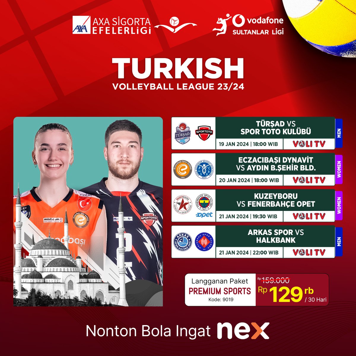 nexofficialtv's tweet photo. Siap-siap untuk nonton kehebohan pertandingan Turkish Volleyball League Men dan Women! 🏐🔥

Nikmati pertandingan seru dengan Paket Premium Sport. Turun harga drastis dari Rp 159.000 menjadi Rp 129.000 untuk 30 Hari😱💸

#NontonBolaIngatNex #turkishvolleyball https://t.co/SYcPXeO8Ea
