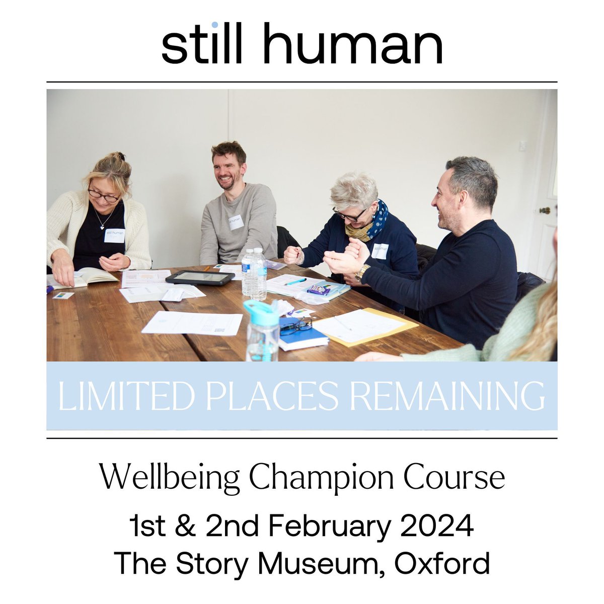 Limited places remaining for #CPD accredited Wellbeing Champion course!

📅 1st &amp; 2nd Feb 2024, The Story Museum, Oxford

The course is assured for the <a href="/educationgovuk/">Department for Education</a> grant-funded Senior Mental Health Lead Training. Book a place or find out more information:info@stillhuman.co.uk