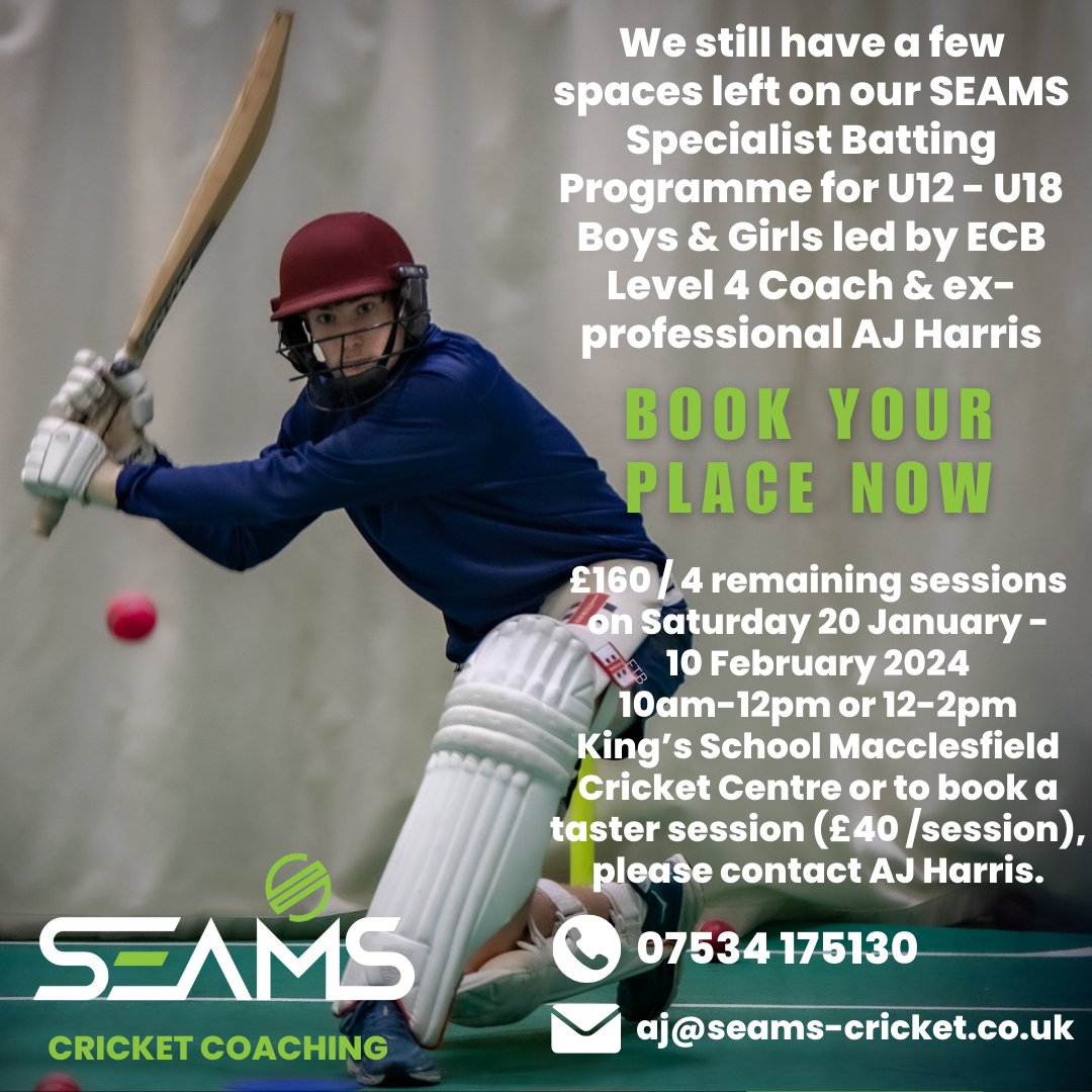 SEAMSCricket's tweet photo. .@Seamscricket specialist batting academy programmes - Spring 2024 - last few remaining places. Click on the link to find out more and book your place. https://t.co/jDwhjwzxn8 #cricket #cricketcoaching #ecblevel4 #batting #macclesfield #Cheshire https://t.co/1GEDBxbQIC