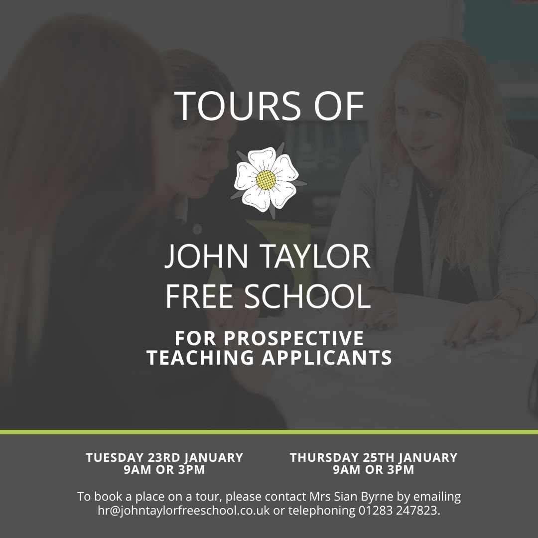 We're offering tours for prospective teaching applicants to find out more about our school and the support we offer our staff.

Our current teaching vacancies include MFL, Mathematics, Business and Computing and Science.

Contact hr@johntaylorfreeschool.co.uk to book.