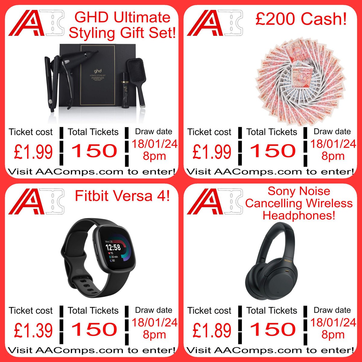 AA_Comps's tweet photo. 🚨 Tomorrow is Draw Day!! 🚨 

Check out these 4 fantastic Prizes Ending tomorrow night! 🔥 

With amazing odds and Great prices, we've got Prizes for everyone 🙌 

Visit https://t.co/L2FzXyz11n to get your tickets now! You could be one of our next lucky winners 🍀 https://t.co/JqKXGA804W
