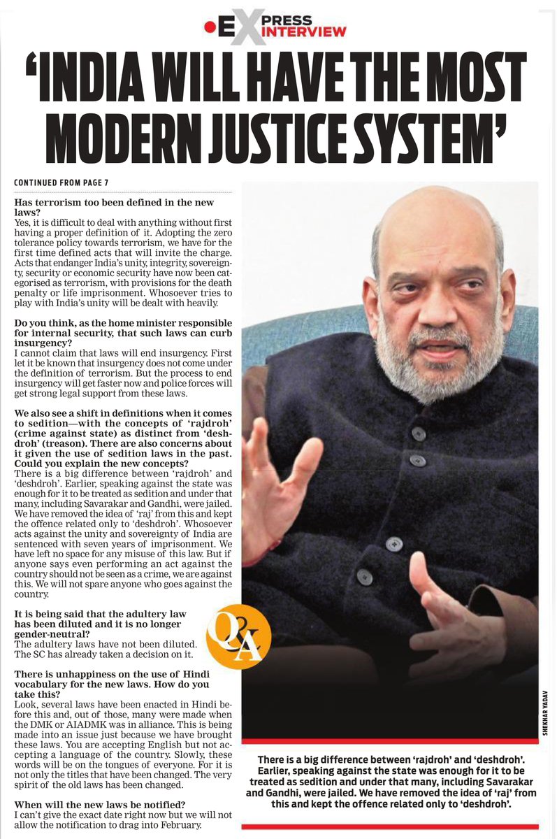 AmitShah's tweet photo. Bharat makes a giant leap towards fulfilling PM @narendramodi Ji's vision for a justice system that is free from the imprints of colonialism and delivers swift justice. Spoke extensively to @NewIndianXpress about the three new criminal laws enacted recently. https://t.co/tygUuKMa99