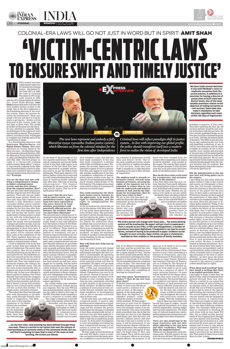 AmitShah's tweet photo. Bharat makes a giant leap towards fulfilling PM @narendramodi Ji's vision for a justice system that is free from the imprints of colonialism and delivers swift justice. Spoke extensively to @NewIndianXpress about the three new criminal laws enacted recently. https://t.co/tygUuKMa99