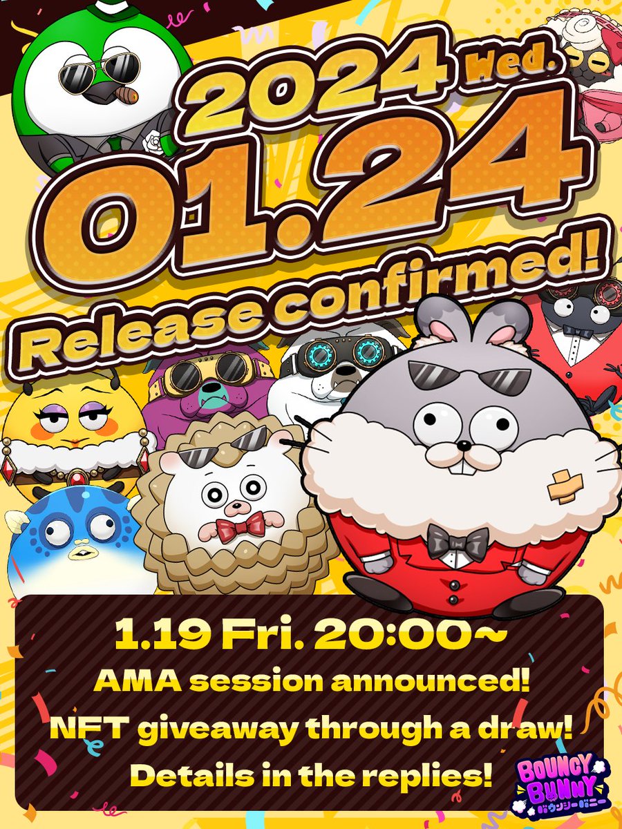╭━━━━━━━━━━━━╮
📣 Release Date Confirmed!
╰━━ｖ━━━━━━━━━╯

/／
🐰1/24 (Wed) 15:00 [JST] Game Release🔥
\＼

It's official🎊

After release... 
Start playing from the official #BouncyBunny website! 

*Release timing depends on PlayMining maintenance.