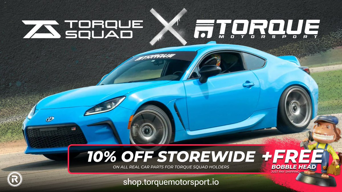 TorqueSquad's tweet photo. SALE FOR THE SQUAD 🎉

Our frens at @trqmotorsport are giving all Torqies a sweet 10% discount STOREWIDE, on IRL car parts + get a FREE GMG bobble head! 🔥 

- Go to https://t.co/Yx2cyNuDIo
- Connect your wallet (holding your Torqie)
- Claim your discount!

TY, TM fam 🤝 $REVV https://t.co/bdpXaKGMXp