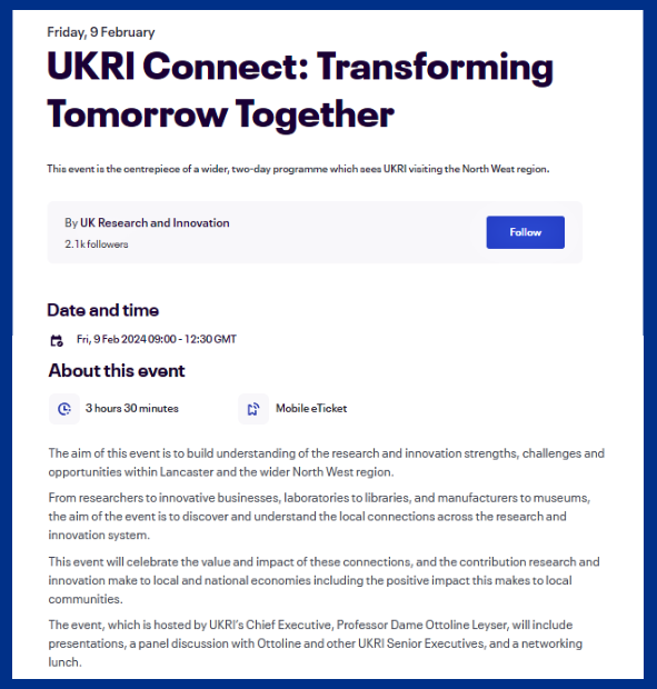 We’re running a virtual UKRI Connect event on 9 February, hosted by our Chief Exec Prof. Dame Ottoline Leyser, to build understanding of the research and innovation strengths, challenges and opportunities within the wider Northwest region. Register👉 orlo.uk/hzOlB