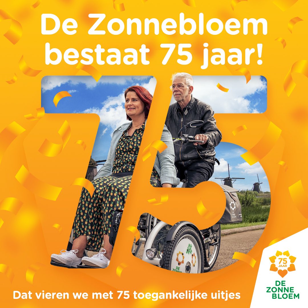 Wat een mijlpaal! Nationale Vereniging de Zonnebloem bestaat vandaag 75 jaar. De Zonnebloem zet zich sinds de oprichting in voor mensen met een lichamelijke beperking. We vieren ons jubileum met 75 toegankelijke uitjes in Nederland. Zie zonnebloem.nl/75jaar #Zonnebloem75jaar