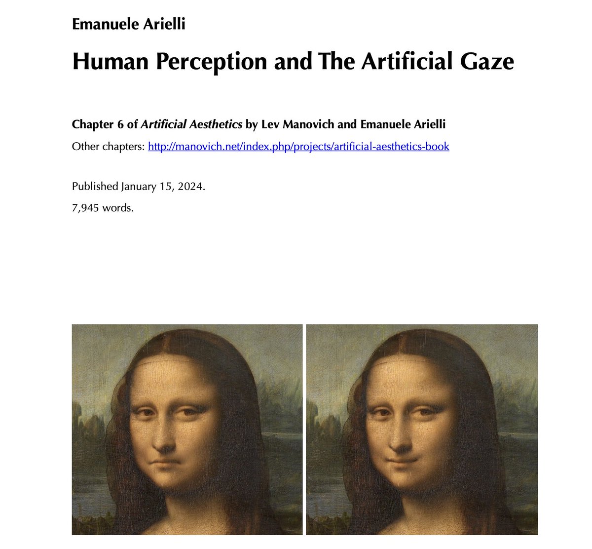 A new chapter by Emanuele Arielli of our open-access book 'Artificial Aesthetics: #GenerativeAI, Art, and Visual Media' is now available manovich.net/content/04-pro…