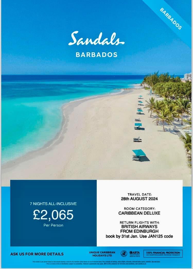 Fiona Bibby (@fionastravels) on Twitter photo 🏝️ Edi to Sandals Barbados
✈️ 28th Aug 2024 - 7 nts
🌟 From £2065pp 🌟
🥘 21 Restaurants
🍹 Premium branded drinks. 28 bars, 14 here & 14 at Royal
⛵️ complimentary water & land sports
For more info
☎️ 07974 567003
📧 fionabibby@travelarchitect.com
#SandalsBarbados 🏝️ Edi to Sandals Barbados
✈️ 28th Aug 2024 - 7 nts
🌟 From £2065pp 🌟
🥘 21 Restaurants
🍹 Premium branded drinks. 28 bars, 14 here & 14 at Royal
⛵️ complimentary water & land sports
For more info
☎️ 07974 567003
📧 fionabibby@travelarchitect.com
#SandalsBarbados