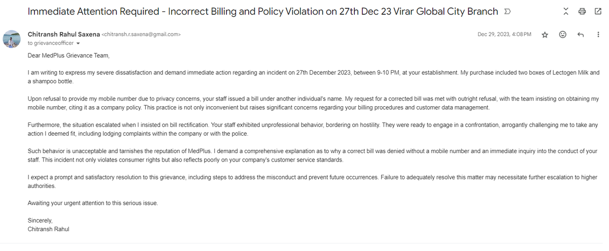 chitranshrahul's tweet photo. Disappointed with MedPlus for refusing a bill when I declined to share my number, and for their poor response to my complaint. #CustomerServiceFail @consumerforum_ @MedPlusIndia https://t.co/gxvBA5EaWA