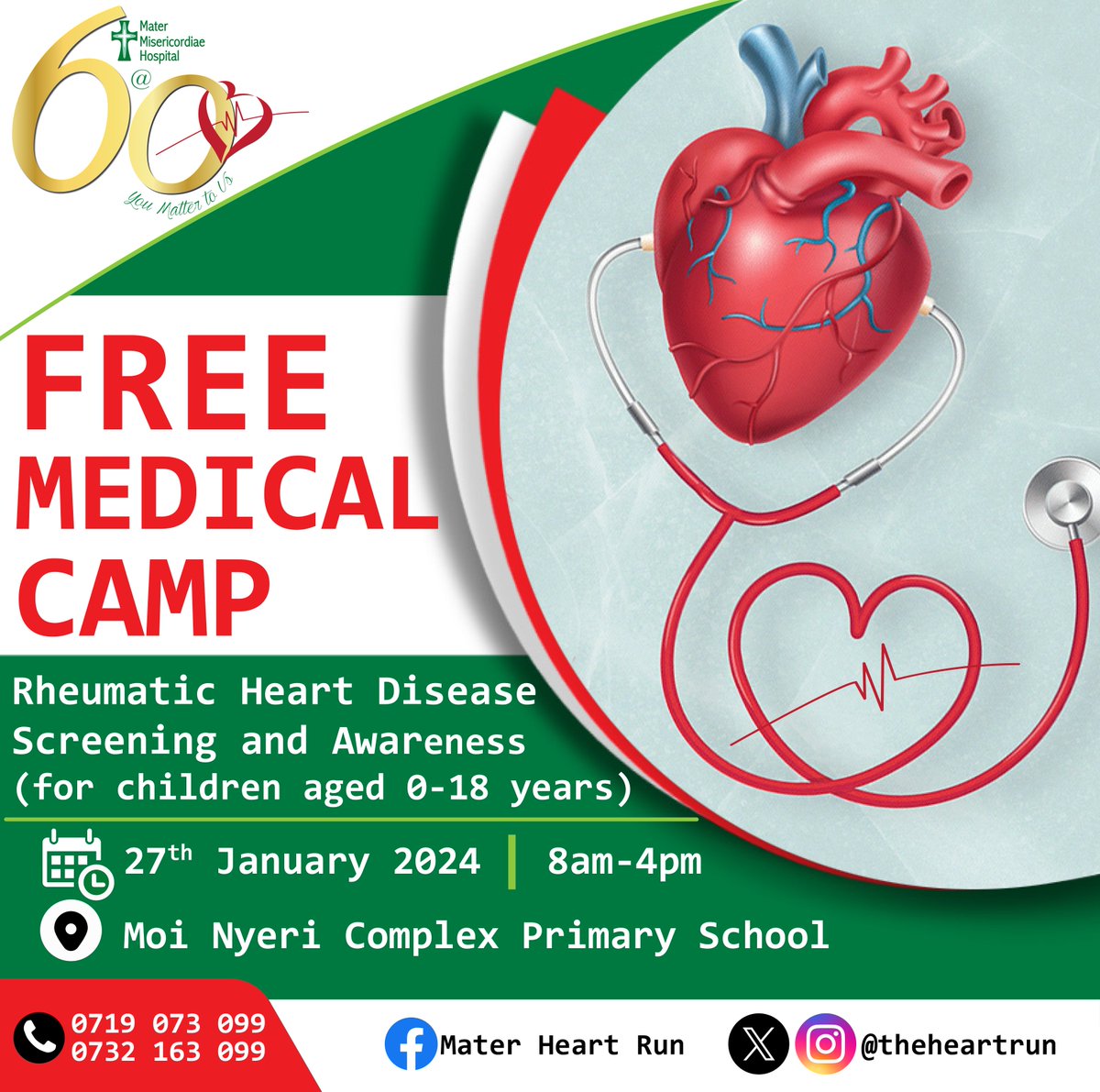 FREE Rheumatic Heart Disease Medical Camp happening on Saturday 27th January 2024 in Nyeri County. 📌 - Moi Nyeri Complex Primary School ⏲️ - 0:800am - 4:00pm. #YouMatterToUs