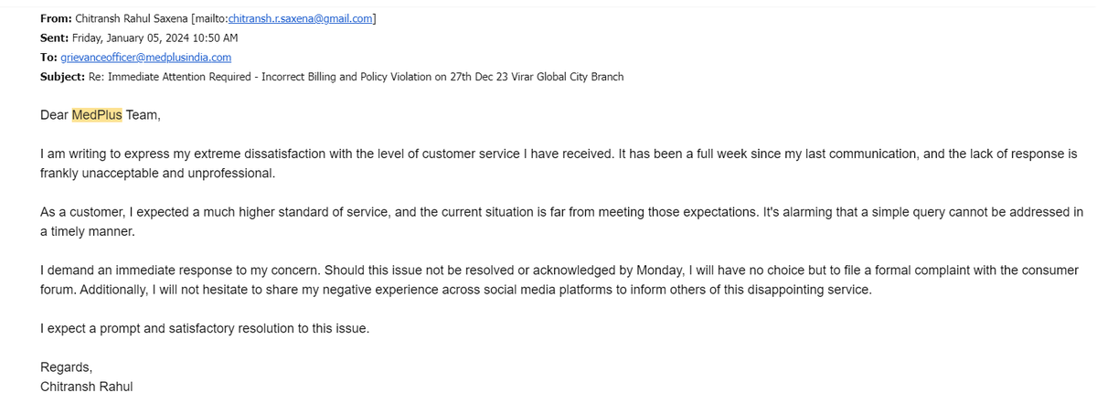 chitranshrahul's tweet photo. Disappointed with MedPlus for refusing a bill when I declined to share my number, and for their poor response to my complaint. #CustomerServiceFail @consumerforum_ @MedPlusIndia https://t.co/gxvBA5EaWA