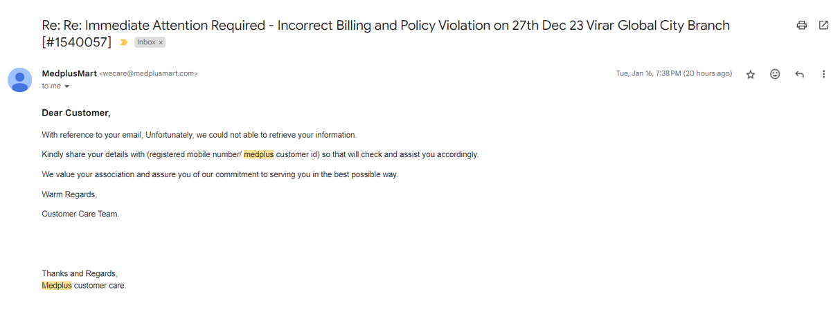 chitranshrahul's tweet photo. Disappointed with MedPlus for refusing a bill when I declined to share my number, and for their poor response to my complaint. #CustomerServiceFail @consumerforum_ @MedPlusIndia https://t.co/gxvBA5EaWA