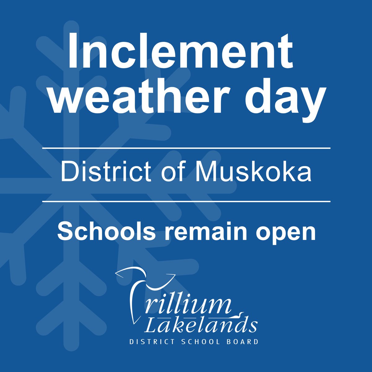 (1/2) Due to the forecast for snow squalls with deteriorating conditions throughout the day, transportation to schools is not operating in Muskoka today, January 17. Schools remain open and learning opportunities will continue for students who are able to safely attend in-person.