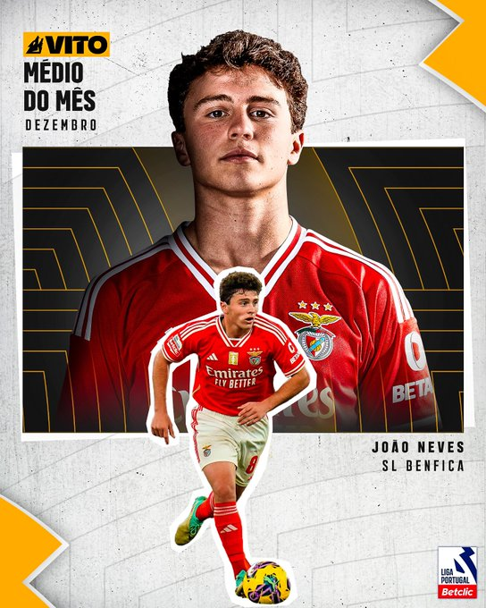 João Neves eleito o melhor médio do mês da Liga pela terceira vez consecutiva.