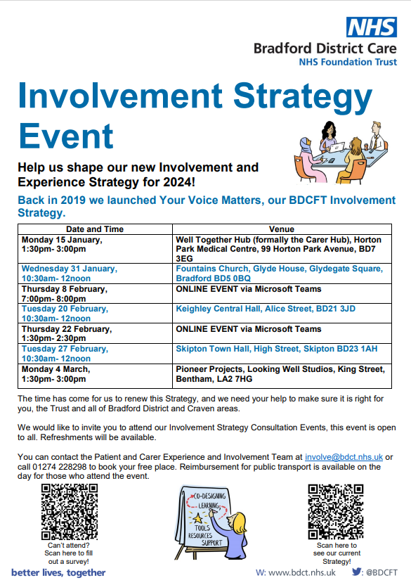 BDCFT_YourVoice's tweet photo. We need you!
Please share to anyone you know who will want to help shape our new strategy for 2024!
Can't attend, scan the QR code to fill out the survey @ActAsOneBDC @BDCFT @PfkcR @BDCFT_Volunteer @CellarTrust @BDCFT_WTS @MindinBradford @CarersResource @waddilovesld https://t.co/sRv5Hjzkb6