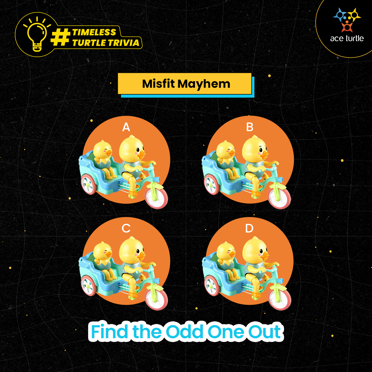 _AceTurtle's tweet photo. #ContestAlert Can you spot the odd one out? Find it and win exciting merchandise!
 
To participate:
1. Follow  @_AceTurtle &amp; reshare this on your X feed 
2. Find the odd toy in the image and comment below.
3. Tag 3 friends
 
Let the hunt begin!

#TurtleBrainTeaser #toysrus https://t.co/Wugmh0SMgF