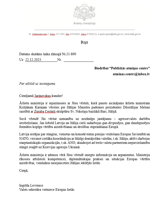 Ārlietu ministrijas dokuments Nr. 21-980 par Itālijā ar kara noziedznieka Putina epigrammu un paraksta faksimilu apgānīto Svētā Nikolaja kapu. Centrs uzskatīja, ka svētvietā nav vietas rašisma propagandai. Levrences kundze atbild, ka «neiejaucoties Itālijas iekšējās lietas».