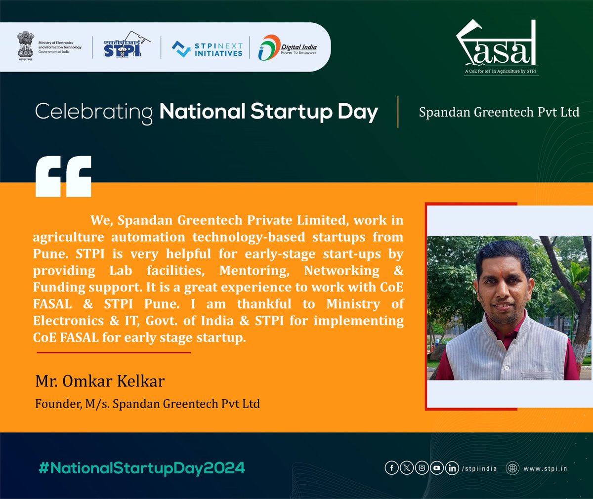 Testimony from #Startup M/s. Spandan Greentech Private Limited, incubated at #STPIFASAL CoE #NationalStartupDay2024 #TheNextWave #STPIStartupEcosystem
@Rajeev_GoI
@GoI_MeitY
@arvindtw