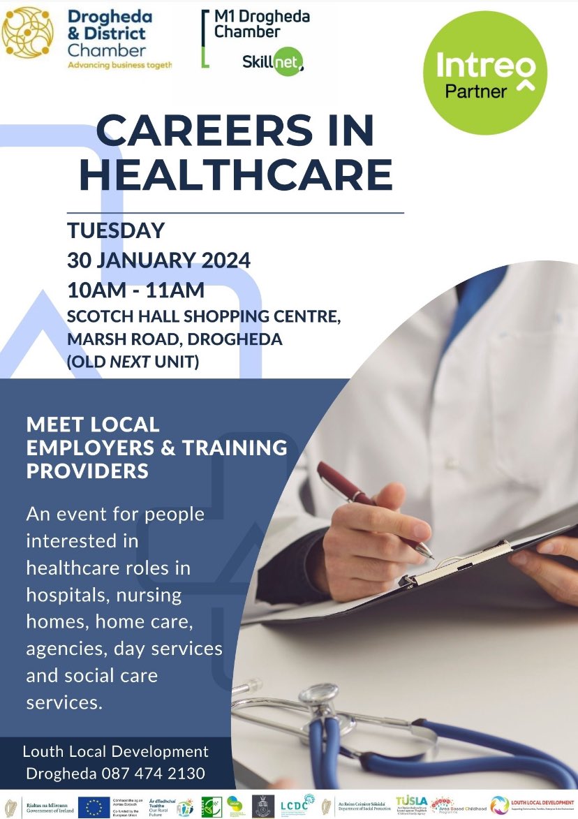 Another great event to take place with our partners - Inteo Partner and Drogheda Chamber. It’s our first event of 2024 and we hope to have a good footfall through Scotch Hall. Join us and hopefully start with the first step in a new career.