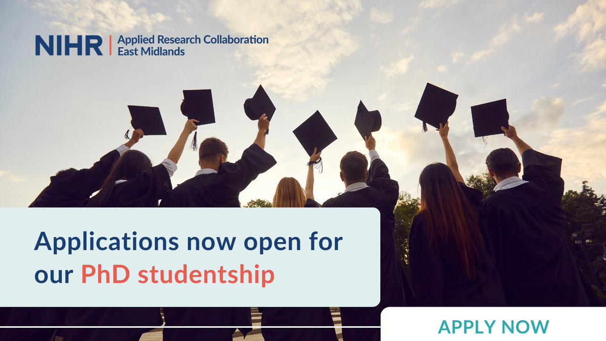 FUNDING: We're pleased to announce an open, competitive call for #PhD funding!

Up to 3 full-time awards available, starting in Autumn 2024 at an #EastMidlands university. PhDs should align with <a href="/ARC_EM/">NIHR ARC East Midlands</a>'s portfolio of applied research.

Find out more:
🔗bit.ly/3U2WbNd