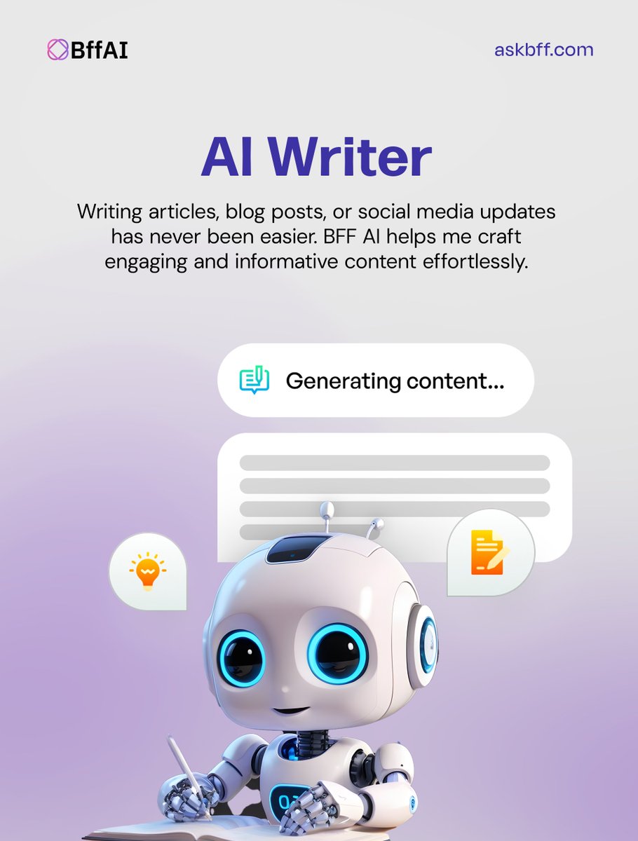 AI Writer: Redefine your writing experience with BFF AI! Craft engaging articles, blog posts, and social media updates effortlessly. Let the AI be your creative partner! 🚀 #BFFAI #AITools #AIWriter