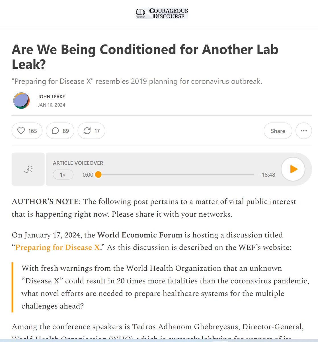 Leake on <a href="/wef/">World Economic Forum</a> "Disease X" meeting today.  Subscribe to Courageous Discourse. <a href="/KLVeritas/">LindleyMedical</a> <a href="/Kimberly_NFN/">Kimberly Overton, BSN, RN</a> <a href="/Fynnderella1/">Dr. Lynn Fynn-derella</a> <a href="/DrKellyVictory/">Kelly Victory MD</a> <a href="/BTysonMD/">Brian Tyson, MD 🇺🇸</a> <a href="/GeorgeFareed2/">Dr. George Fareed</a> <a href="/BusyDrT/">Dr Sherri Tenpenny</a> <a href="/MolsJames/">Dr Mollie James</a> <a href="/Thomas_Binder/">Dr. Thomas Binder, MD</a> <a href="/CartlandDavid/">Dr Dave Cartland BMedSc MBChB Ex-MRCGP</a> <a href="/MdBreathe/">Mary Talley Bowden MD</a> <a href="/kksheld/">Kris Held,MD</a>   open.substack.com/pub/petermccul…