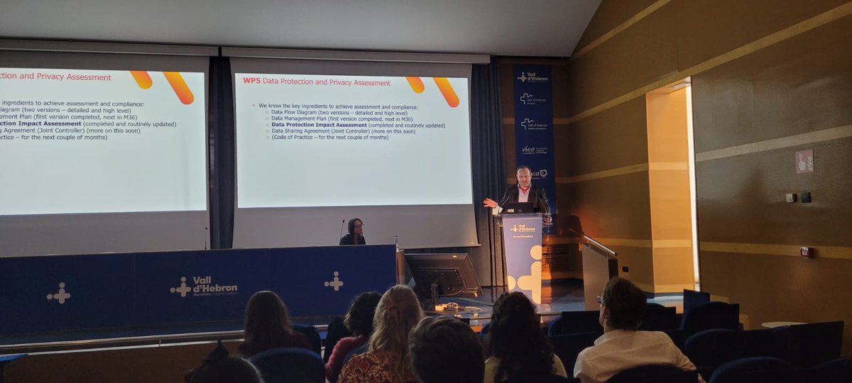 ERNEuroBloodNet's tweet photo. #SYNTHEMAConsortium Meeting audience knowing in detail all the aspects of data privacy and security assessment in the @SYNTHEMA_EU project!  This point of the project is led by @iHD_HealthData and @unisouthampton
#HealthUnion #EU4Health #ShareCareCure #ERNs #RHDs #AI https://t.co/OA0mP4SOG5