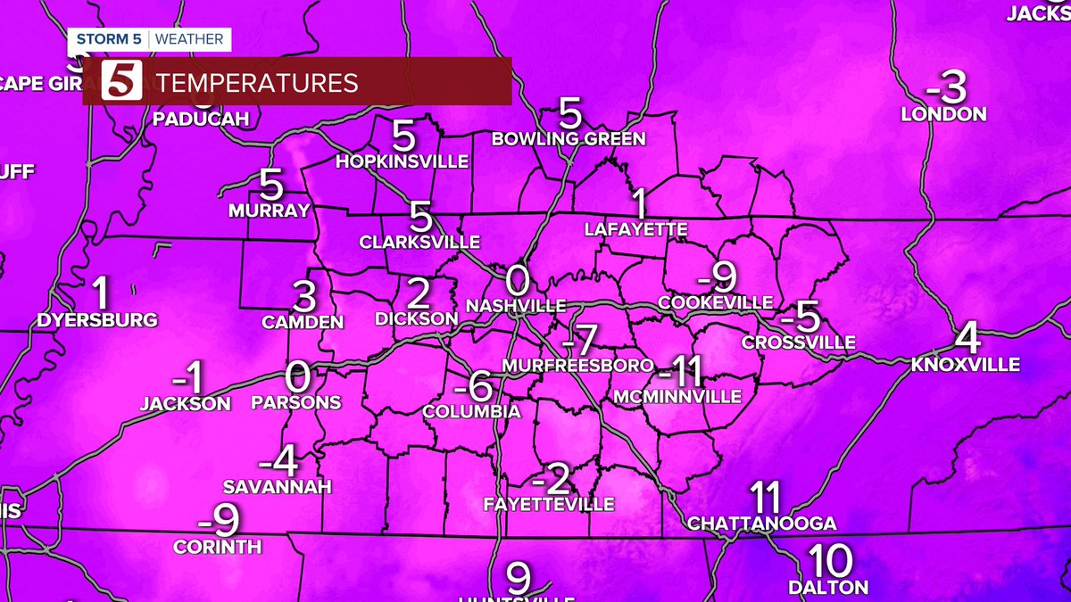 NC5_LelanStatom's tweet photo. Temperatures are below zero for many of you this morning. Currently, the wind chill for Nashville is -12°. After a sunny & cold #HumpDay, winter weather is possible tomorrow. Get the latest now on #NC5 This Morning. #tnwx #kywx #ArcticBlast #CrazyCold https://t.co/zdOFhOjTWk