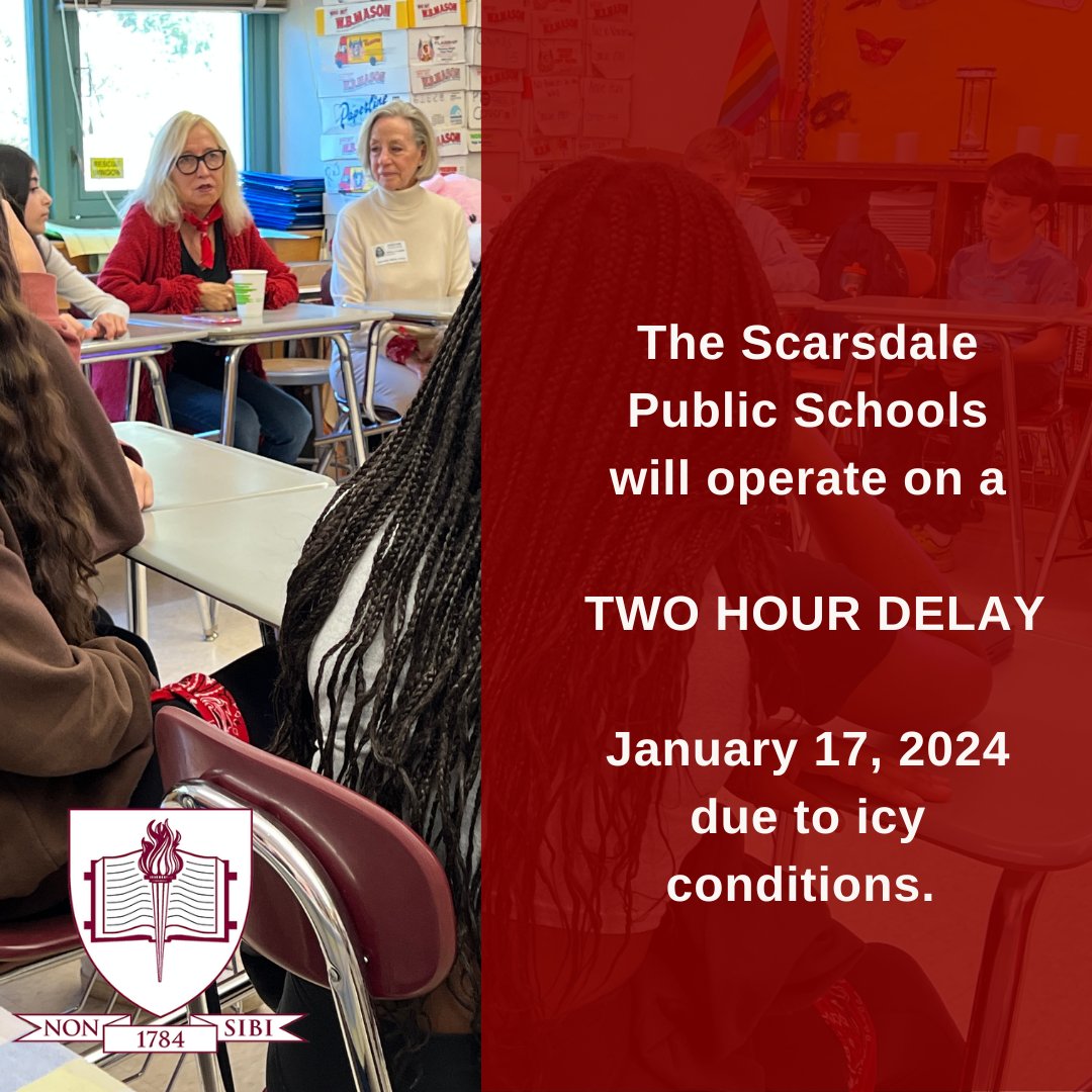 The Scarsdale Public Schools will operate on a two hour delay today, due to the icy conditions. Please travel safely.