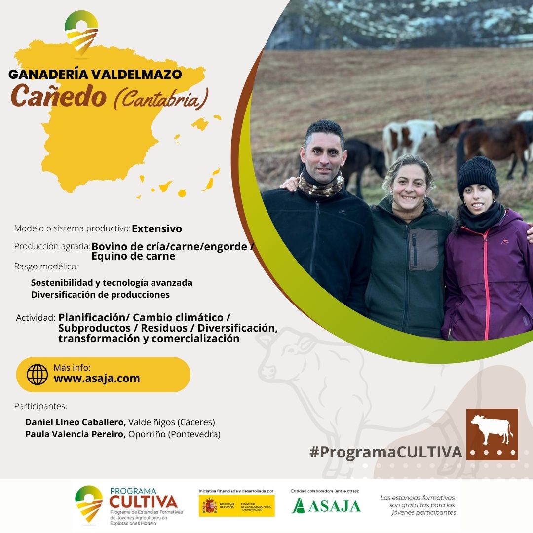 Daniel y Paula están realizando una estancia formativa en Ganadería #Valdelmazo en 📍 #Cañedo, (#Cantabria) gracias al #ProgramaCULTIVA

➕INFO:
👉ow.ly/z8Kj50QreZ6
👉 ow.ly/tU8Z50QreZc

#Asaja #ASAJAProgramaCULTIVA @gobmapa #gratuitas