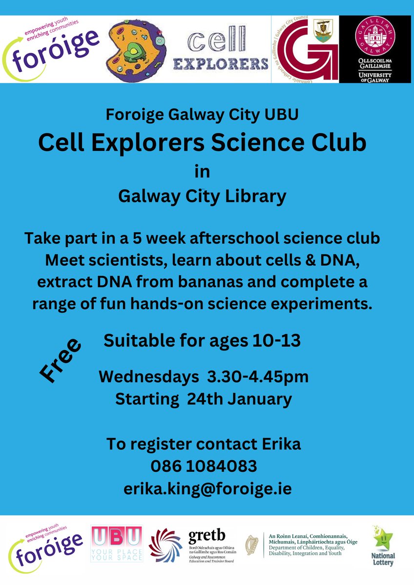 Hi everyone, Our friends over at Foróige are running a science club The Galway City Library that is running every Wednesday from the 24th of January from 15:30-16:45. For more information about this exciting club contact erika.king@foroige.ie