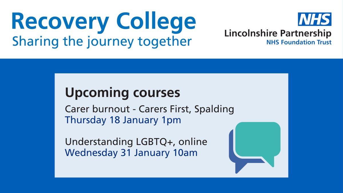 Lincolnshire Recovery College offer educational courses about mental health, recovery and wellbeing. We welcome carers tomorrow in Spalding, and invite anyone who wants to learn more about LGBTQ+ identities and communities to join us on the 31st. Book at lpft.nhs.uk/recovery-colle…