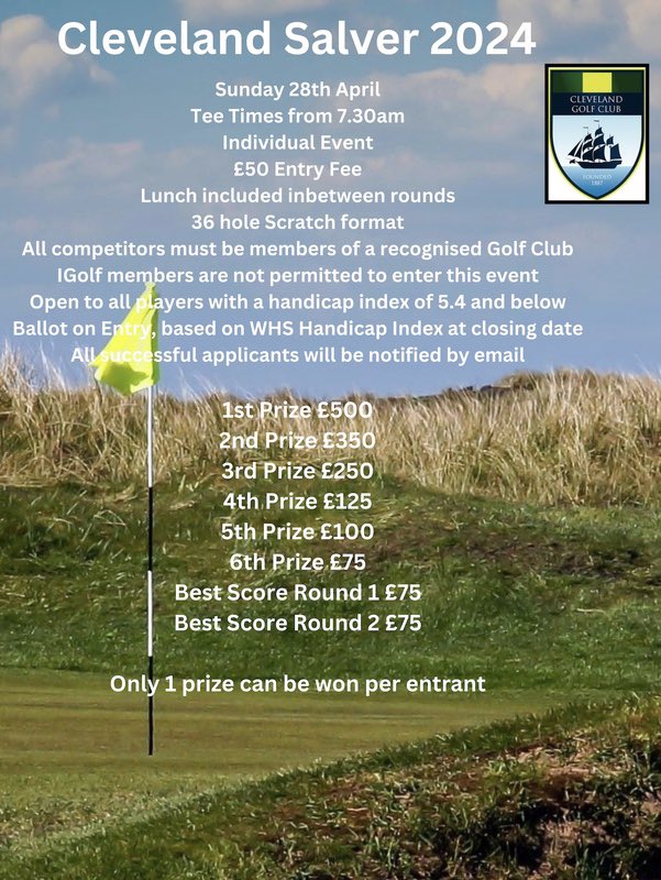 The long standing Cleveland Salver is open for registration. This prestigious scratch golfer event is in its 55th year and takes place on Sunday 28th April 2024. It is part of the Yorkshire Order of Merit offering a £500 first prize. Click here to enter golfhub.golfgenius.com/events/245625a…