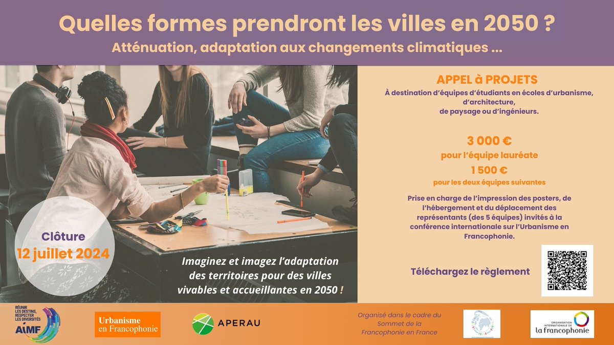 #UrbanismeEnFrancophonie💡 L'#AIMF, avec l' <a href="/Aperau_Internat/">APERAU Internationale</a>, lance l'appel à projets des Jeunes Ambassadeurs Francophones !
❔ Quelles formes prendront les villes en 2050 ?
📅 Inscription avant le 15 mars 2024 !
➡️ Le règlement est ici : cutt.ly/swKbyOsZ.
<a href="/OIFrancophonie/">La Francophonie</a>