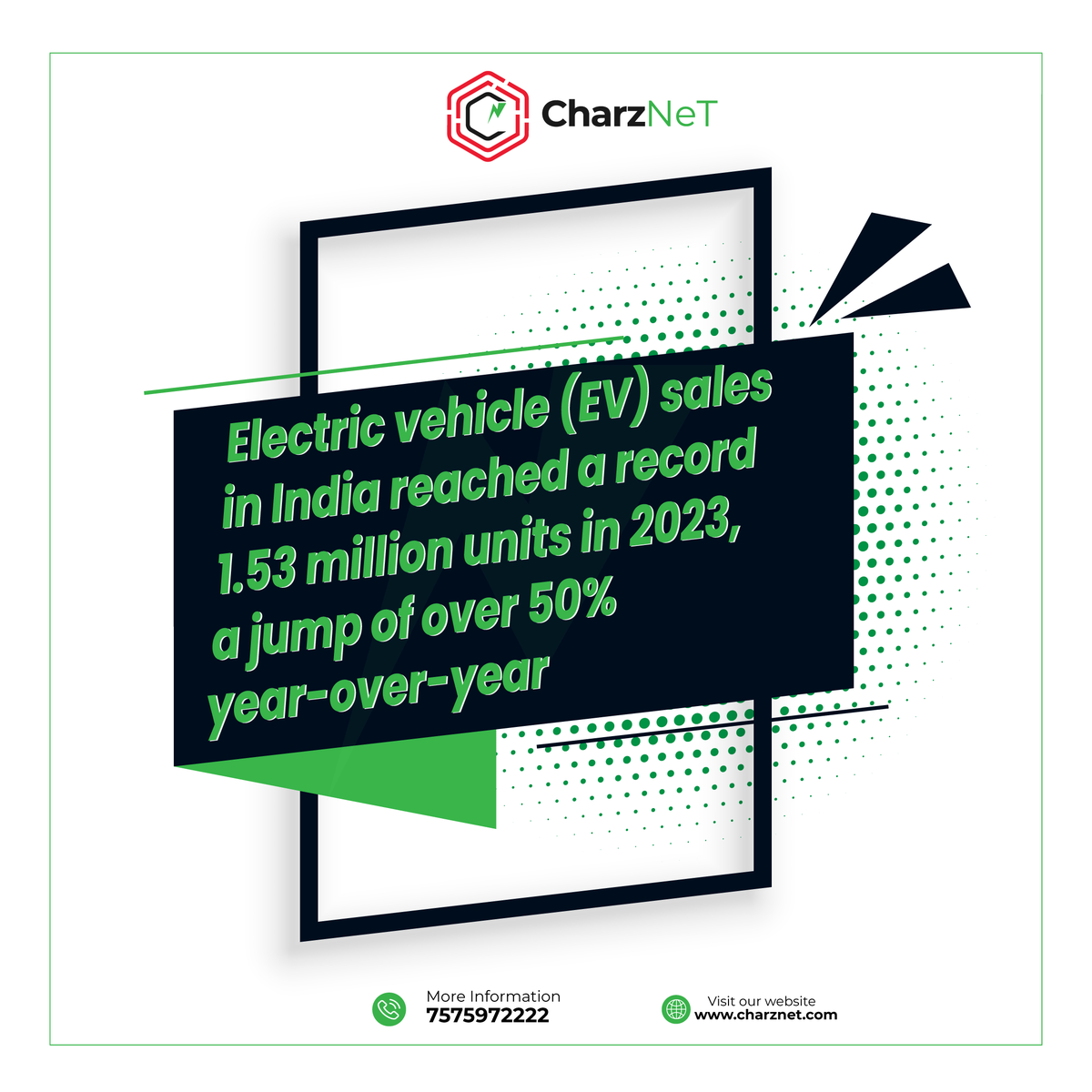 charznet's tweet photo. Breaking Records: India's electric vehicle revolution is charging ahead! 🚗🇮🇳 In 2023, EV sales surged by 50%, hitting an all-time high of 1.53 million units. Join the green drive towards a sustainable future! 🌿 #ElectricVehicles #SustainableMobility #IndiaEVRevolution https://t.co/xgsqFGdwUz