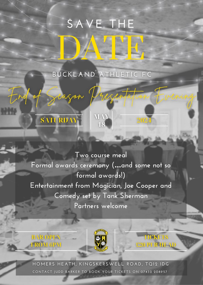 🗓️ | Save The Date

Our Annual End of Season Presentation Evening.

🗓️ Saturday 18th May
🍴 Two course meal
🏆 Awards and speeches

We will also be joined for the evening by:
🪄  Magician, Joe Cooper
🎤  Comedian, Tank Sherman

🎟️ Tickets £20 each - contact @judd_barker to book!