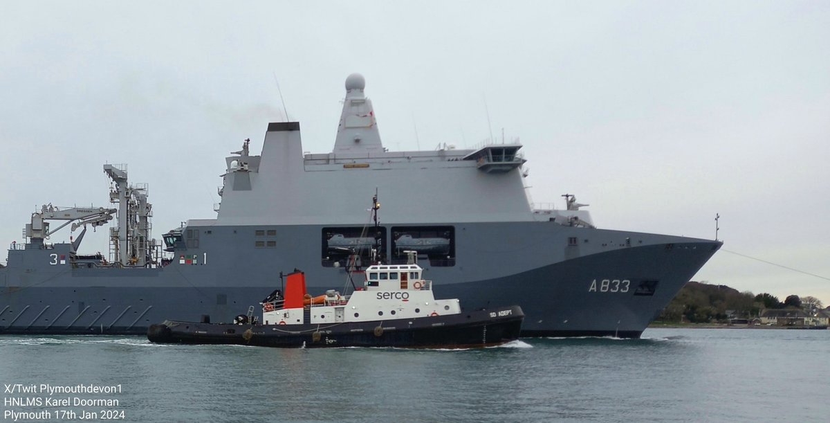 PlymouthDevon1's tweet photo. 🇳🇱 HNLMS Karel Doorman (A833) en route to Yonderberry Jetty, opposite Devonport Plymouth this morning. @Rob_vanderMark #Plymouth @ZrMsKarelDman #Netherlands #HNLMSKarelDoorman #A833 #RoyalNetherlandsNavy #HNLMS @GHNijenhuis #KarelDoorman #YonderberryJetty @kon_marine #SDAdept https://t.co/KGmV93v2uo