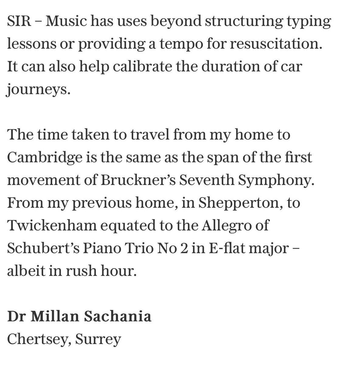 My letter published in today’s <a href="/Telegraph/">The Telegraph</a> (17 January 2024) following correspondence about how touch-typing was taught to the rhythm of specific pieces of music or how doctors were taught the pace of resuscitation by practising to particular tunes.