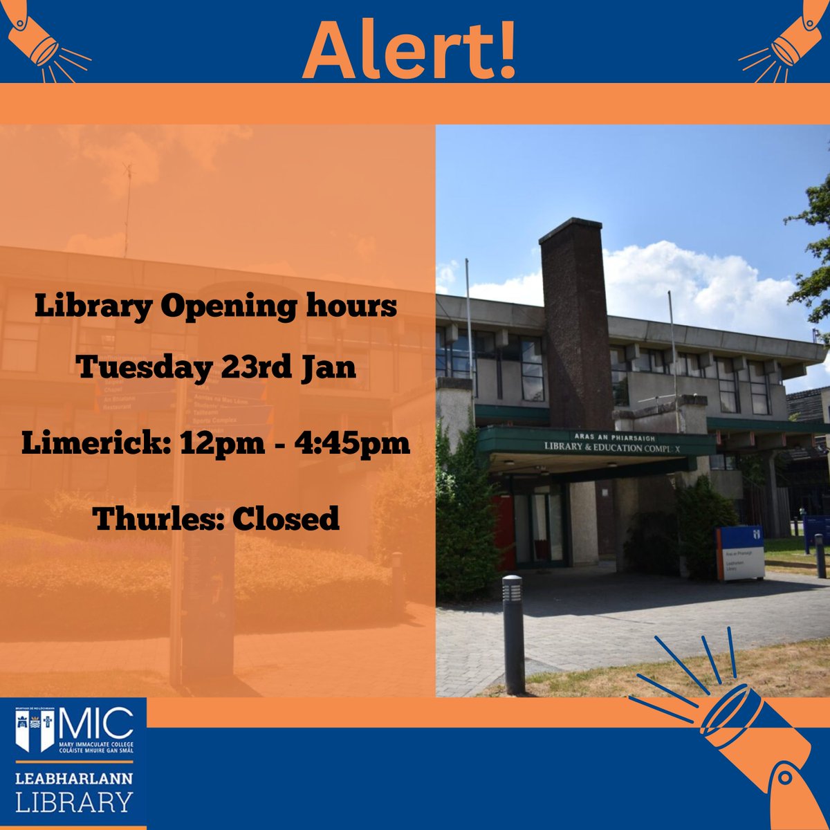 miclibraries's tweet photo. Please note that due to staff training, #MICLibrary in Limerick will open at the later time of 12pm on Tuesday 23rd January and MIC Library in Thurles will close for the day.

Sorry for any inconvenience this may cause.

#openinghours #miclibraries #miclimerick #micthurles https://t.co/Zc9TSJX7Vr