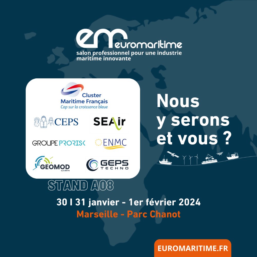 📢J-15 avant @Euromaritime24🌊!
Venez rencontrer l'équipe du <a href="/ClusterMaritime/">Cluster Maritime Français</a>, CEPS, Groupe PRORISK <a href="/GeomodFR/">Geomod by Coexya</a> <a href="/gepstechno/">GEPS TECHNO</a>  <a href="/SEAirFrance/">SEAir 🇫🇷</a>, l’European Network of Maritime Clusters &amp; la <a href="/FondationOpenC/">Fondation OPEN-C</a>
📍Stand A08 MED, Parc Chanot Marseille
📅du 30/01 au 01/02
lnkd.in/ecbTAeAH