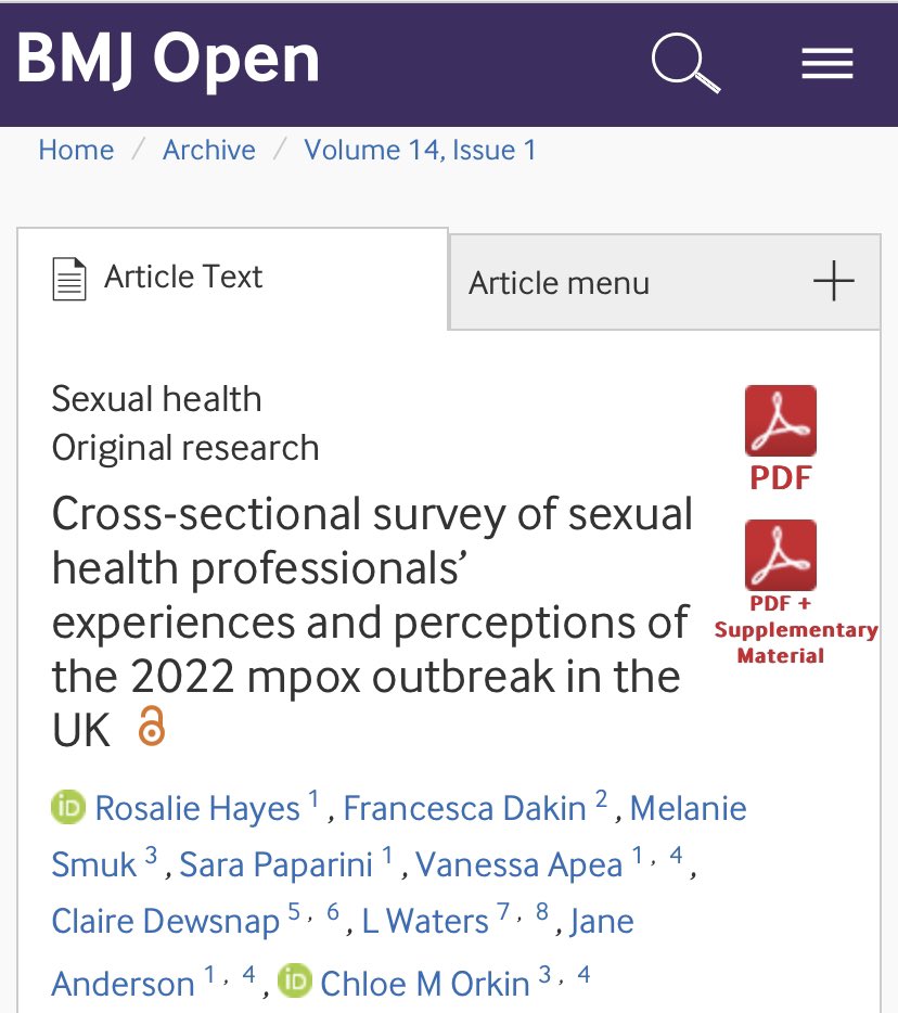 🚨We've got a new paper out in @BMJ_Open led by @rahayes92 @profchloeorkin highlighting the experiences of UK sexual health professionals during the 2022-23 #mpox outbreak! bmjopen.bmj.com/content/14/1/e… /1