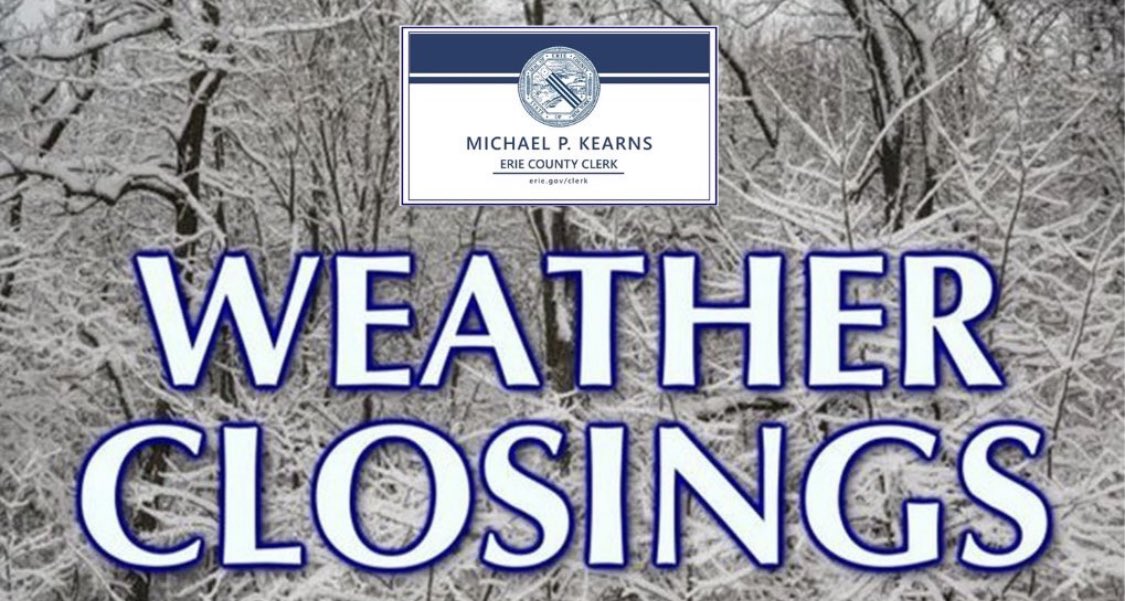 ErieCountyClerk's tweet photo. Due to the severe and expected weather conditions across the County, the @ErieCountyClerk’s Office, including All Auto Bureaus, will be CLOSED today, January 17th.

Those with #DMV appointments are asked to reschedule.

Please be safe and pay attention to all travel advisories. https://t.co/ZuXurS5fIC