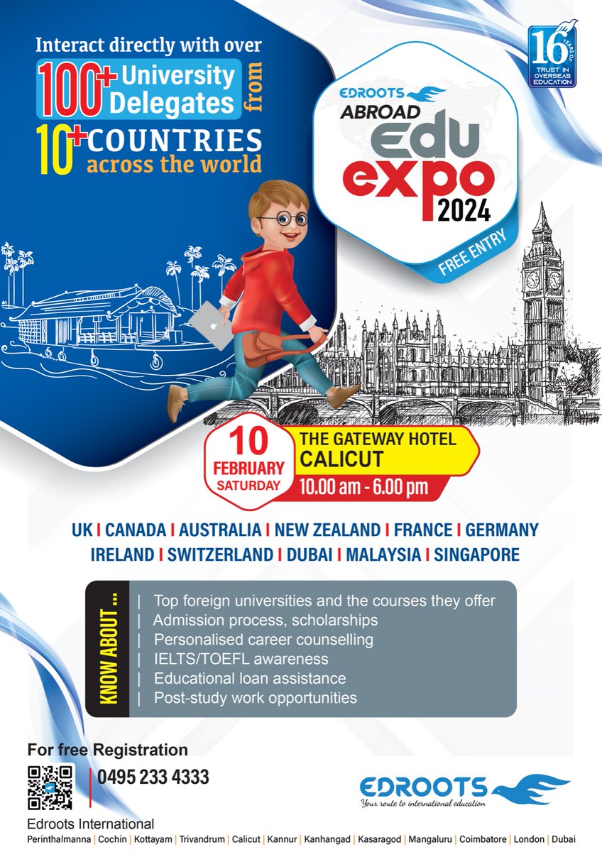 Be part of #Edroots Abroad #EduExpo2024 on Saturday, February 10th, at The Gateway Hotel, #Calicut. Engage directly with representatives from 100+ universities spanning over 10 countries. 

FREE ENTRY!

Registration link: tinyurl.com/3mpxahf8

#EdrootsInternational #EduExpo