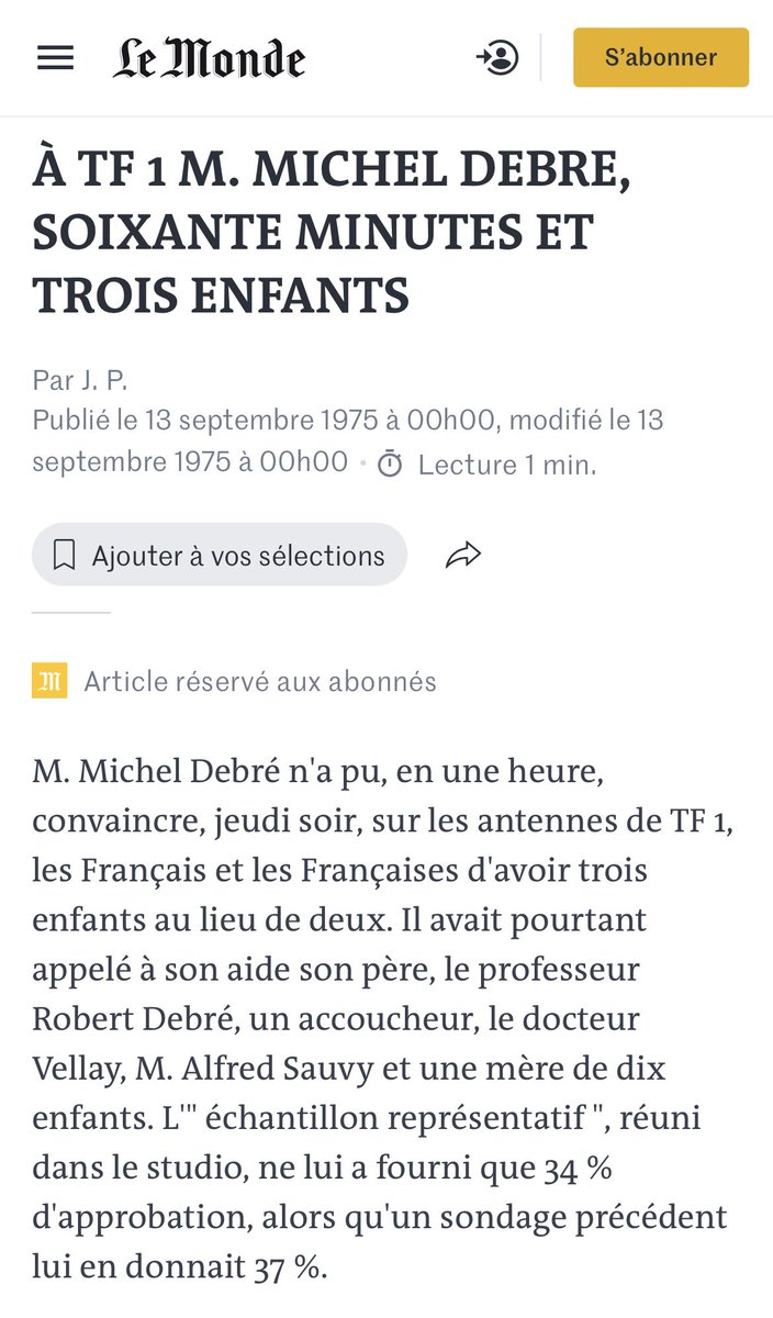 « Faites trois enfants et plus… » 
1975. Michel Debré mettait la barre plus haut.